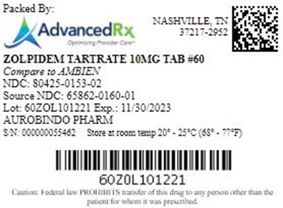 Zolpidem Tartrate 10mg Tab Qty 60 Ndc 80425 0153